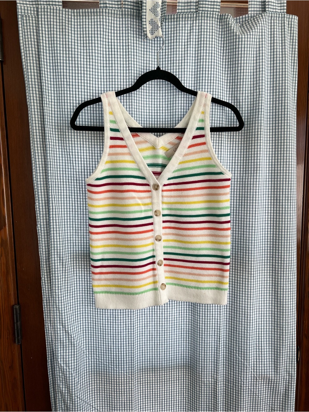 LOFT Cream Knit Button-Front Tank with Rainbow Stripes